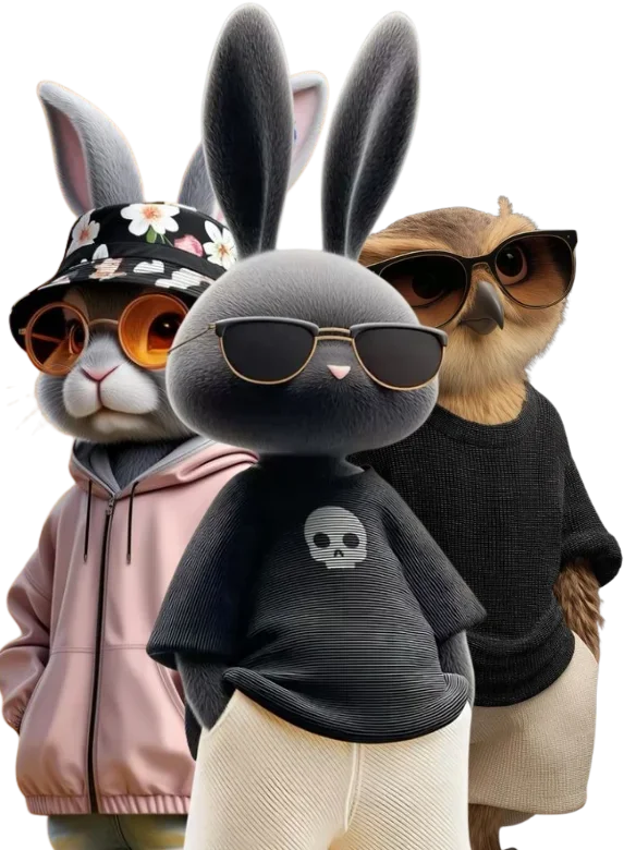 Three cartoon characters in sunglasses: two bunnies and an owl